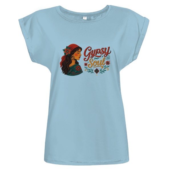 Tričko s potiskem Gypsy Soul – Boho portrét s květinovým motivem